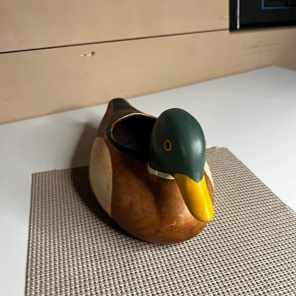 Vintage Hand Painted Wooden Mallard Duck Planter Decorative Bowl Rustic Cabin
